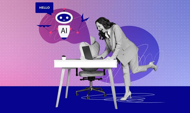 Photo collage of a woman smiling at a desk with a robot saying “hello” in the background.