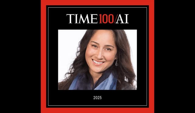 Cynthia Breazeal’s headshot with a red boarder and the words, “TIME 100 AI 2025.”