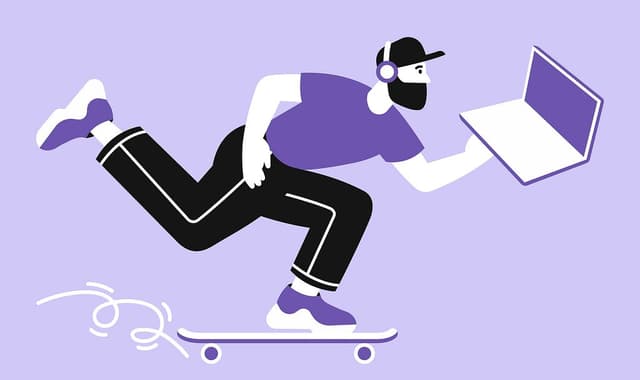 Purple illustration of a person riding a skateboard and working on a laptop.