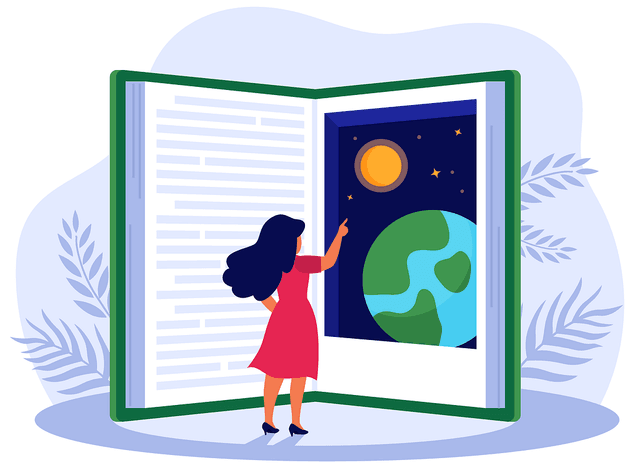 An illustration of a person looking at a large book with a photo of Earth and the Sun.