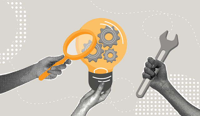 Illustration depicting 3 hands, one holding a magnifying glass, another holding a light bulb with gears inside it, and the third holding a wrench, set against a dotted gray background.