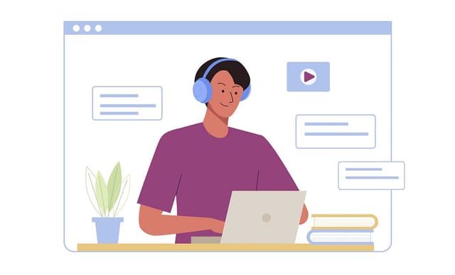 An illustration of a learner wearing blue headphones on a laptop.