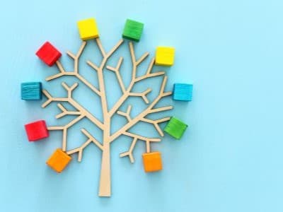 2D tree with colorful boxes at the end of branches on a blue background