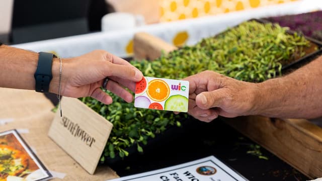 A closeup photo of a hand holding a credit-card like card that says WIC on it. They are handing it to another person.. Vegetables are present in the background. 
