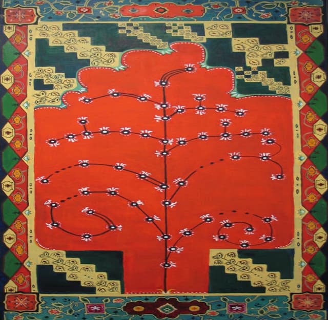 A painting with a big red tree at the middle of the image.