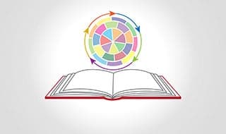 An illustration of a wheel divided into different colored sections representing intersecting identities. Below the wheel is an illustration of an open book.