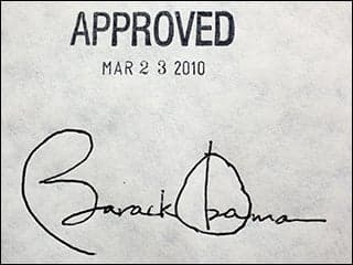 A photograph of a piece of paper, with President Barack Obama's signature at the bottom and a stamp above it that reads "APPROVED MAR 23 2010."