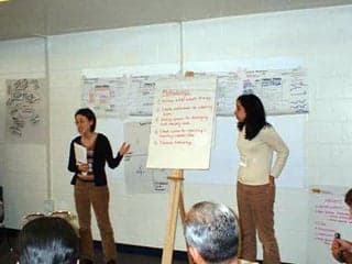 Students Tam Doan and Tara Kumar presenting to the community.