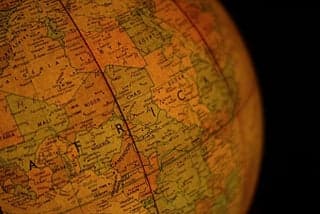 Close up photograph of globe, showing Africa.