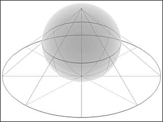 A gray sphere with black lines projecting from a single point on the sphere to a flat circle below.