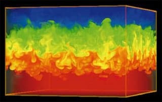 An ASCI three-dimensional modeling of the Rayleigh-Taylor instability.
