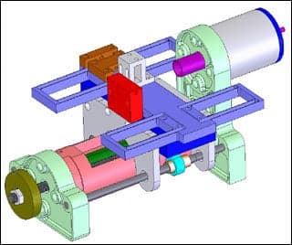 A CAD model of the lathe with major sections colored for clarity.
