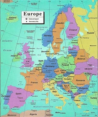 A multi-colored map with national capitals and secondary cities marked.