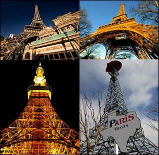 Images of the Paris, Las Vegas hotel tower, Eiffel tower, and the Tokyo and Paris, Texas towers.