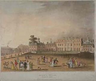 A drawing of Buckingham house with well-dressed people on the lawn.