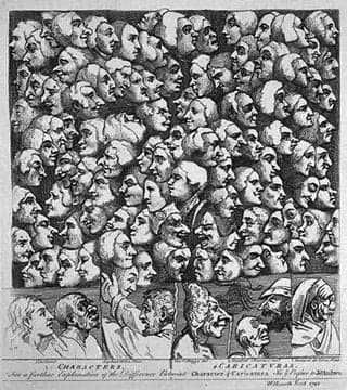 William Hogarth's 1743 etching Characters Caricaturas depicting many faces.