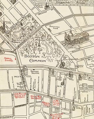 Labeled map of Boston with locations marked and drawn.
