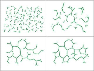 Four figures showing molecular bonds forming as epoxy cures.
