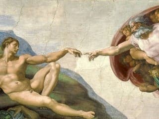 A painting of a bearded man (God) touching the hand of a naked man (Adam).