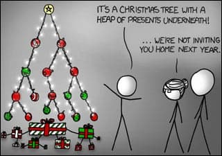 Billy has redecorated. He tells his parents that now the Christmas tree has a heap of presents underneath! His mom tells him he will not be invited home next year.
