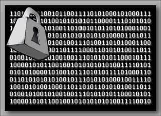 A black rectangle filled with binary code in white. A cartoonish lock floats in the upper left hand corner.
