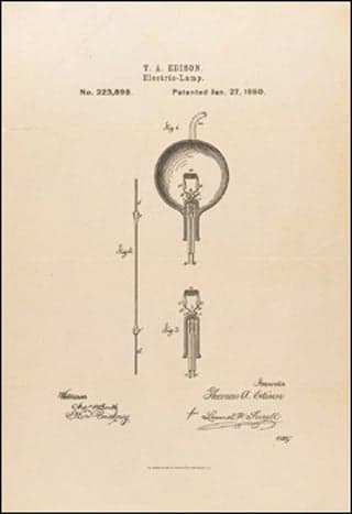 Drawing of an electric lamp and filament from Thomas Edison's U.S. patent, January 27, 1880.