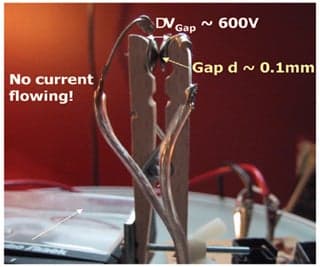 Wires and a clothespin arranged for an experiment.