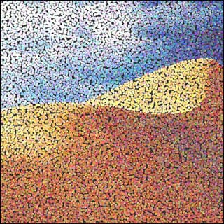 A sequence of dots in a variety of color that look like grains of sand.