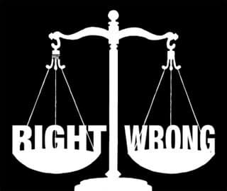 The graphic shows a balance that has two sides - Right and Wrong.