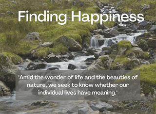 A quote about happiness is overlayed over a photo of a stream.