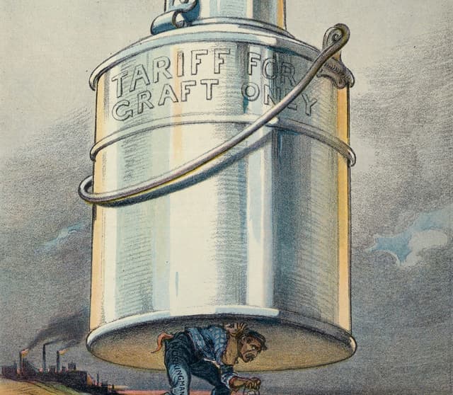 Illustrated political cartoon showing a huge metal bucket labeled “Tariff for Graft Only” suspended above a factory worker bent under its weight, with smokestacks and industrial buildings in the background.