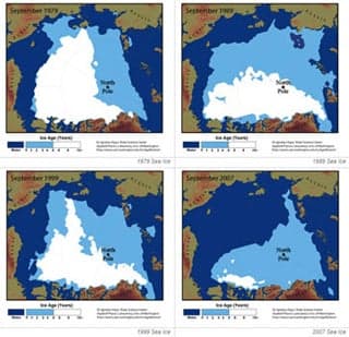 Sequence of four maps showing diminishing area of arctic ice coverage.