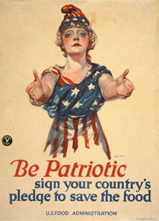 U.S. Food Administration poster, Circa 1918. The poster shows a woman clad in an American flag, with arms extended.